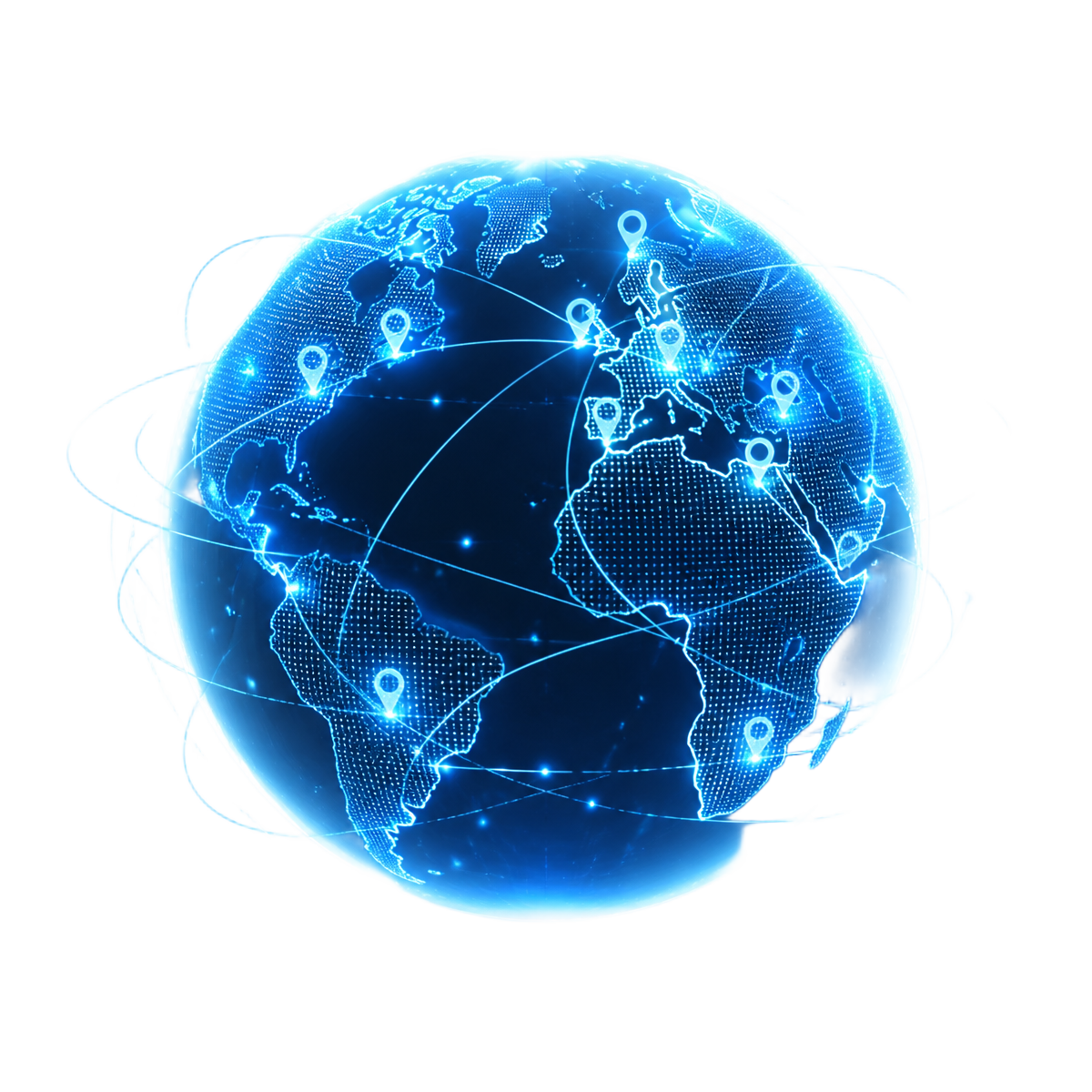 Holographic 3D Earth with glowing AI flight routes and destination pins
